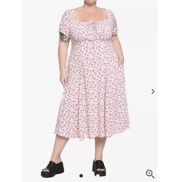 HOT TOPIC 5X Plus Size Pink Floral Midi Dress Milkmaid Pinup NWT - Picture 1 of 9